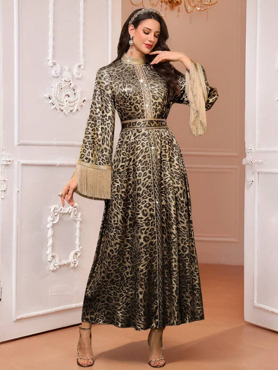 Al Najma Elegante abito da donna stile arabo, con stampa leopardata, inserto con frange sulle maniche, modesto - nero - Visualizzare 1
