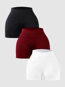 3pcs/Set Teen Girl Black Knitted Rib Shorts, Elastic Waist, Versatile Casual Daily & Workout Shorts, Solid Color High Waist - Multicolor - View 1