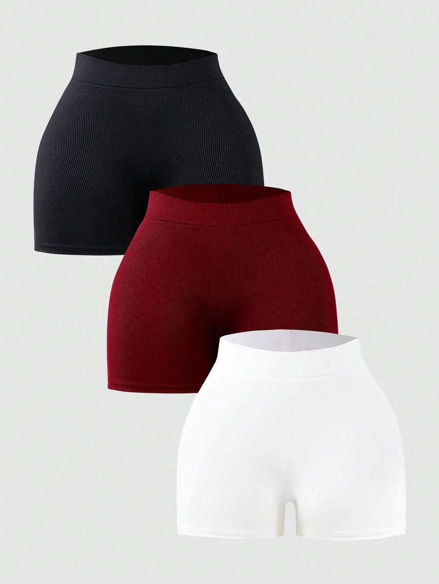 3pcs/Set Teen Girl Black Knitted Rib Shorts, Elastic Waist, Versatile Casual Daily & Workout Shorts, Solid Color High Waist - Multicolor - View 1