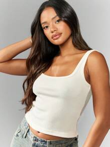 MISSGUIDED 罗纹方领吊带背心 基本款夏季无袖修身短款休闲日常百搭分层运动健身节瑜伽上衣 - 杏色 - 查看 4