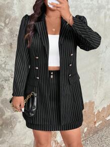 SHEIN Clasi Plus Size Women Striped & Lapel Neck Long Sleeve Blazer And Mini Skirt Suit Set - Black - View 3