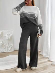 EURMUSE Women Round Neck Loose Fit Striped Knit Sweater And Cozy Knit Sweater Pant 2pcs Set Co-Ords,Winter Clothes