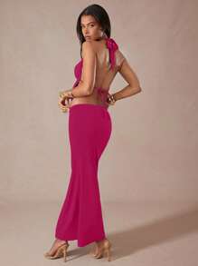 Hauture 2pcs/Set Women Summer Sexy Halter Backless Top And Mermaid Hem Skirt - Hot Pink - View 5