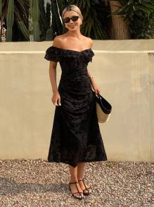 DAZY 女士碎花荷叶边收腰中长连衣裙度假装