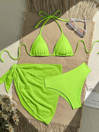 Swim Vcay 3pcs/Set Women's Neon Green Halter Tie Sexy Bikini Swimsuit With Skirt, Summer Beach Floral Print