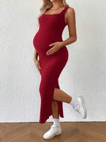 SHEIN Vestido de playa ajustado sin mangas con detalle de nudo en la espalda y color liso para embarazadas