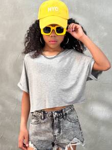 SHEIN Tween Girls Spring/Summer Streetwear Grey Asymmetrical Neck Tees