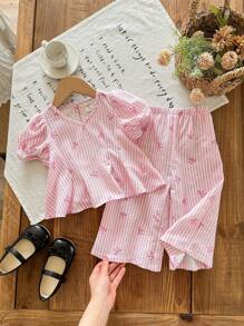 LMoss Kids Conjunto de 2 piezas para bebé niña compuesto por blusa de manga corta con lazo y pantalón de cintura elástica a rayas, para verano - Rosa - Ver 1