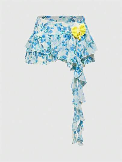 ROMWE Avant Minigonna in stile Y2K a vita bassa in chiffon con stampa floreale blu, ideale per le vacanze al mare