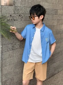 2件套男童领开衫配刺绣衬衫和休闲短裤套装 - 淺藍色 - 查看 1