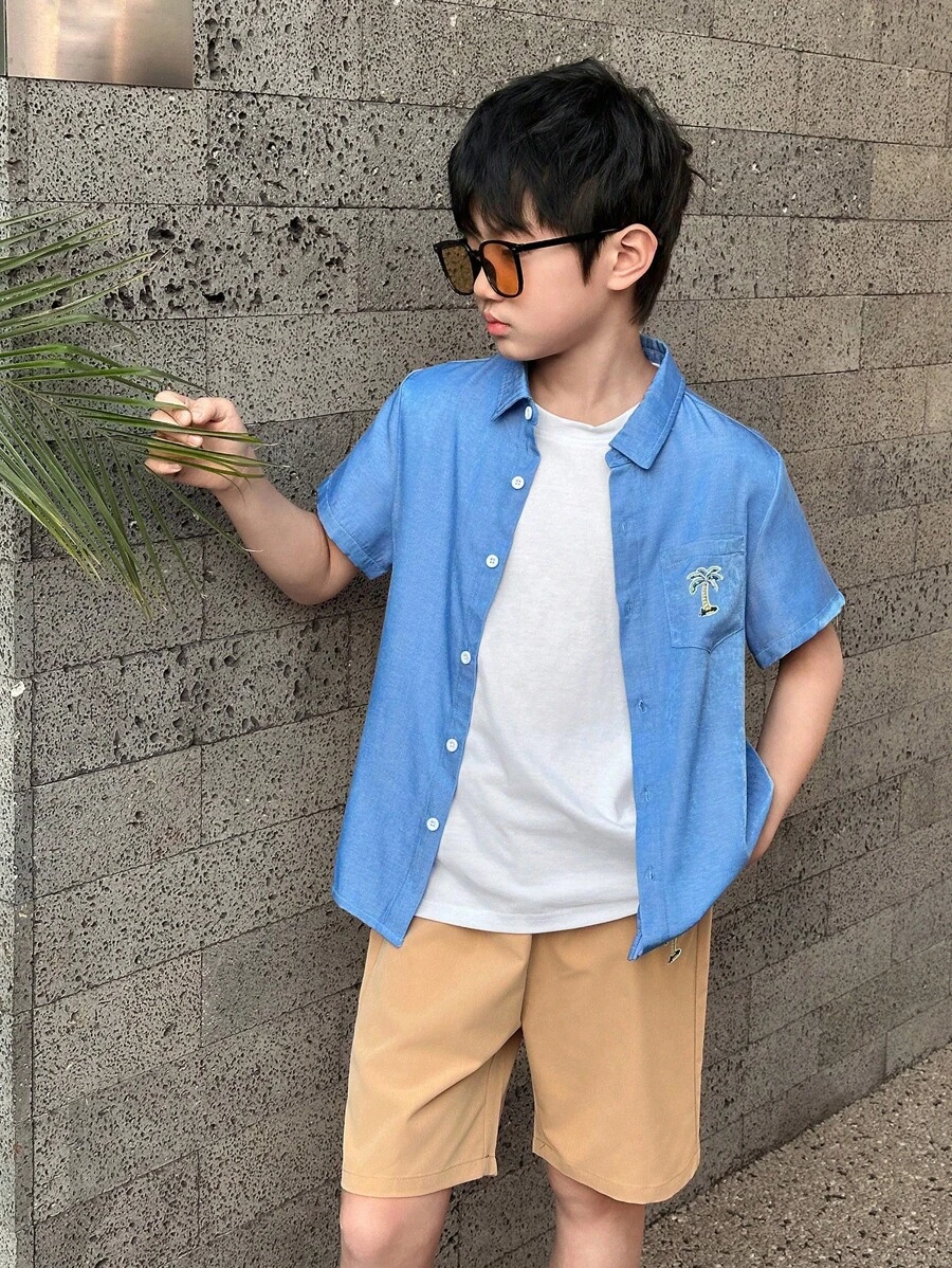 2件套男童领开衫配刺绣衬衫和休闲短裤套装 - 淺藍色 - 查看 1