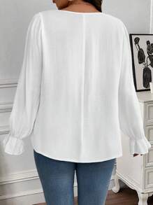 EMERY ROSE Plus Size Women Solid Color Contrast Lace Long Sleeve Casual Blouse Fall Cloth For Women - White - View 2