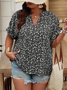 SHEIN LUNE 大码女式随机碎花蝙蝠袖休闲衬衫 - 黑色 - 查看 1