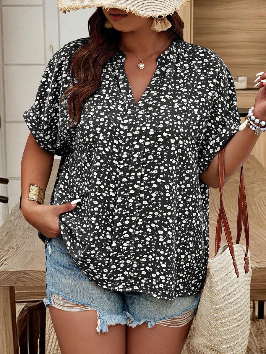 SHEIN LUNE 大码女式随机碎花蝙蝠袖休闲衬衫 - 黑色 - 查看 1