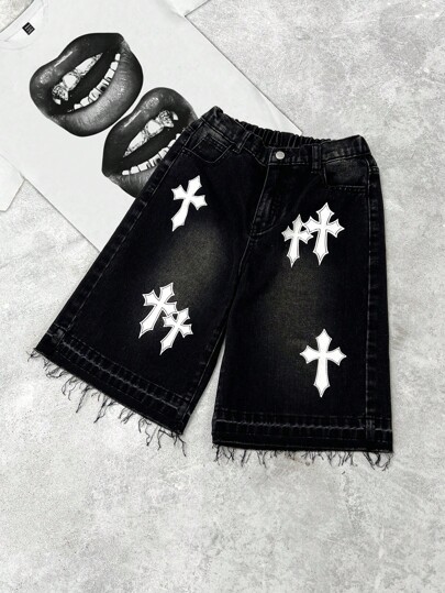 Young Boy Street Cool Style Distressed Vintage Black Denim Cross Print Loose Fit  Bermuda Long Jeans Shorts,New Products,For Kids Fall Clothes,Boys Back To School Clothes,Boys Streetwear Outfits,Boys Halloween Outfits ,Kids Black Denim Shorts, Black Denim Shorts With Cross Graphic, Graphic Tween Black Denim Shorts, Y2k Black Denim Shorts, Kids Cross Graphic Shorts