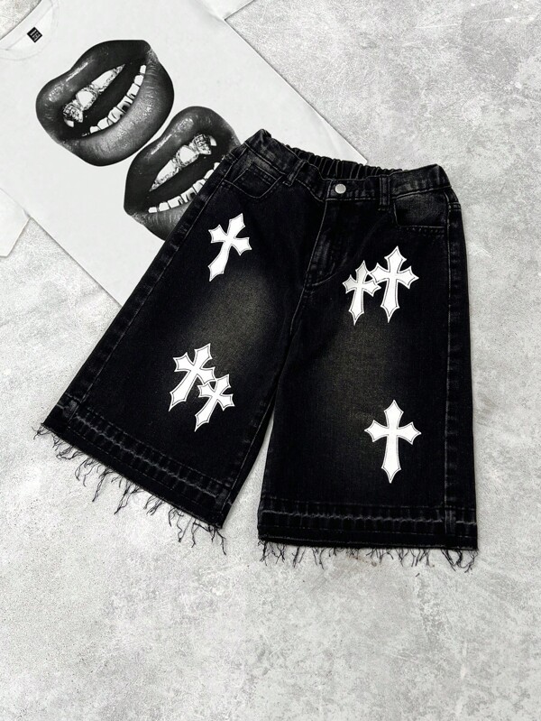 SHEIN Tween Boy Fashion Casual Y2k White Cross Design Black Loose Quarter Jean Shorts For Boy Costume Dailywear And Kids Summer And Spring Clothes