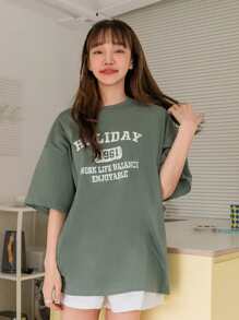 字母图案落肩T恤夏季超大T恤 - 墨綠色 - 查看 2