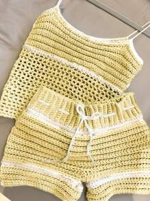 INAWLY 2pcs Women Contrast Color Hollow Camisole Top & Knitted Shorts Set - Multicolor - View 1