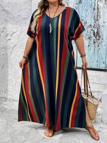 SHEIN CURVE+ Plus Size Allover Lemon Print, Maxi Long Beach Midi Dress With Side, For Summer And Autumn Vacation Curve Plus Country Dress, Curve Plus, Boho Vacationbeach Outfits For Woman/Beach Dress/Beach Vacation Outfits/Beach Essentials / Graduation/Tea Party Dress