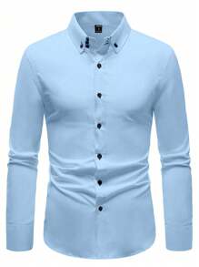 Manfinity Mode Men's Solid Color Long Sleeve Single-Breasted Casual Dress Shirt, For Fall Smart Casual - Baby Blue - View 4