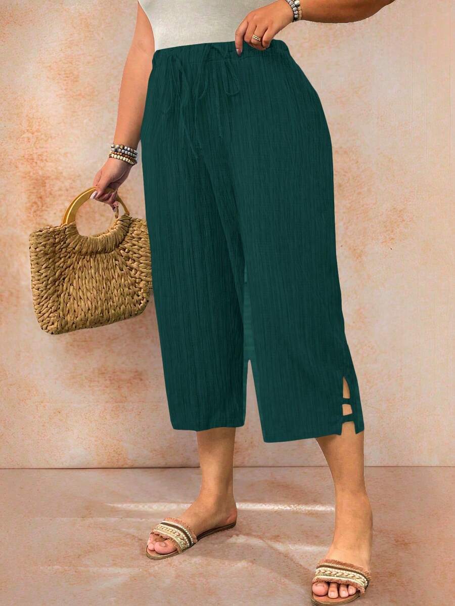 EMERY ROSE Plus Size Summer Casual Solid Color Textured Pants - Blue - View 1