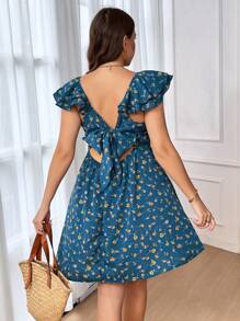 SHEIN Frenchy Plus Size Floral Print Backless Square Neck Casual Holiday Dress - Blue - View 4