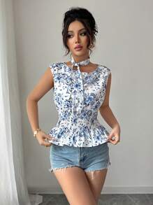 Breezaya Boho/Bohemian/Festival Bow Print Casual Vacation With Cinched Waist Design For Women Commute Elegant Women Blouse Summer Top - Blue - View 6