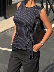 Siren Gaze 1pc Women Summer Cinched Waist Fitted Top With Tie Details, And 1pc Sleeveless Striped Tank Top,Summer Outfits For Women,Office Outfits For Women,Business Casual Woman,Streetwear Women