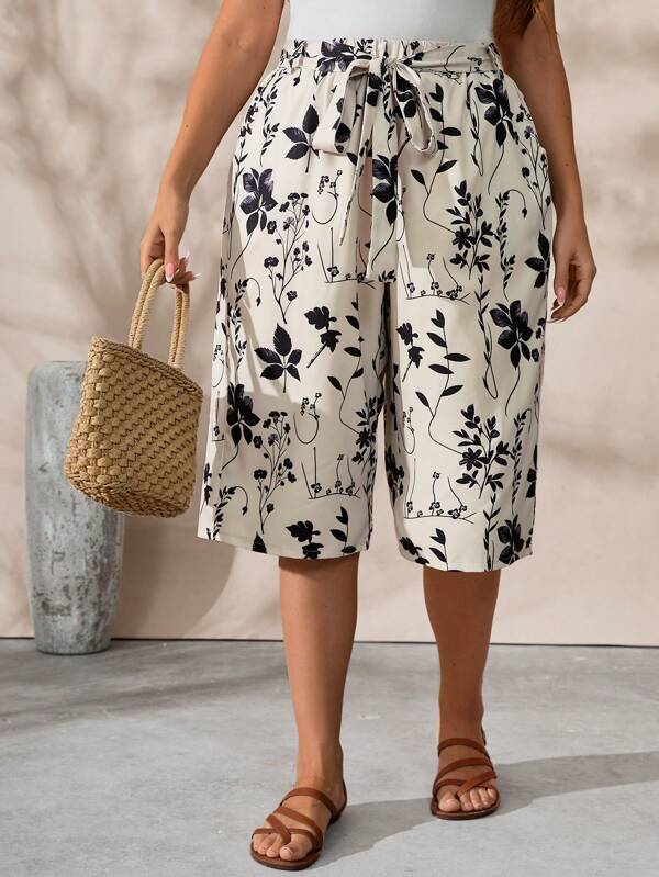 EMERY ROSE Plus Size Women's Casual Floral Print Wide Leg Cropped Palazzo Pants