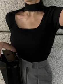 DAZY 女式高领修身短袖针织上衣 Y2K - 黑色 - 查看 1