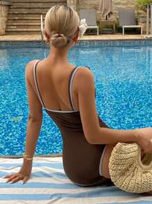 Livesso Women's Contrast Tie Front One-Piece Sexy Swimsuit