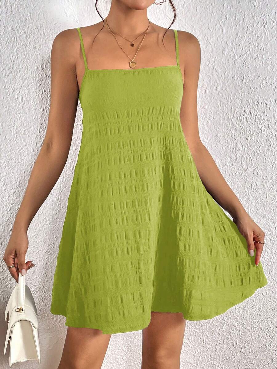 SHEIN VCAY Women's Green Casual Short Dress: Sleeveless, Spaghetti Strap, Flared Hem, And Knot Detail - Green - View 1