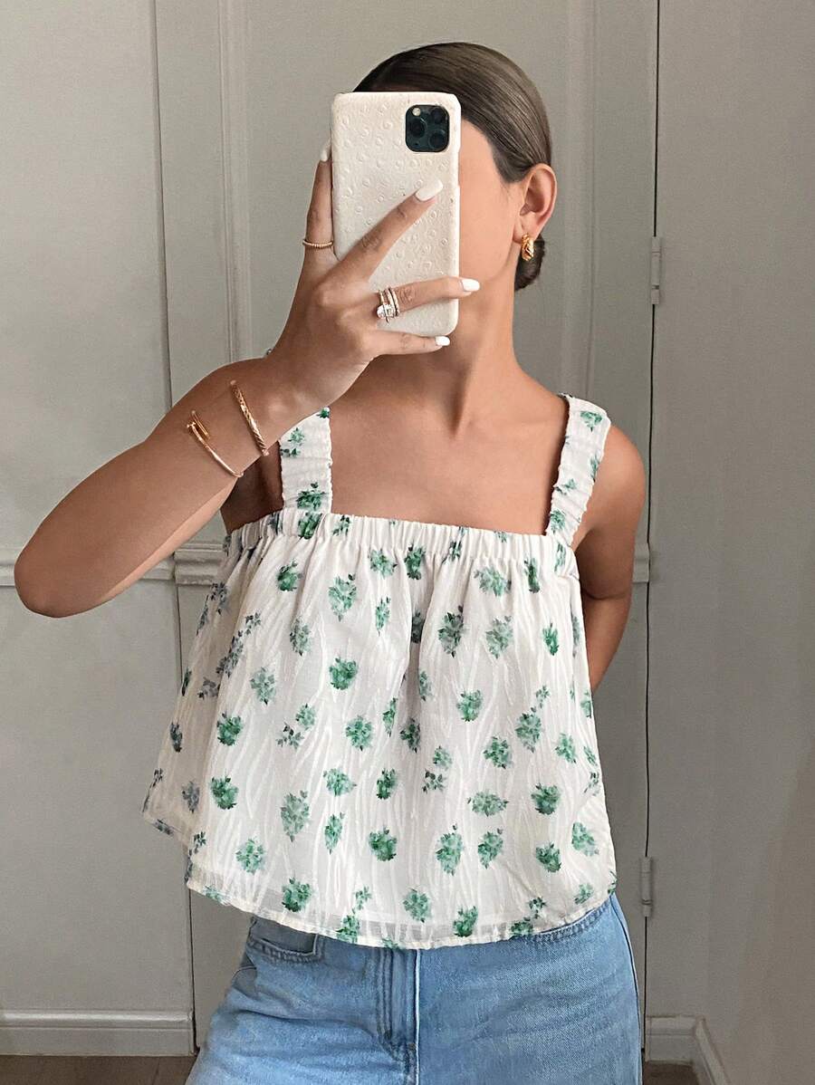 SHEIN Frenchy 女士度假印花编织提花后系带荷叶边下摆背心，夏季度假露背欧洲夏季露背上衣，碎花图案狂欢上衣狂欢伊比沙岛海滩可爱外出上衣生日度假 - 彩色 - 查看 1