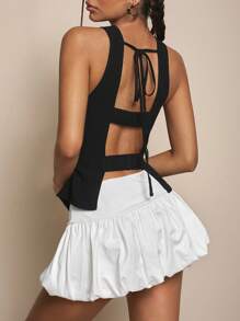 Easelle Top sin espalda casual y sexy con nudo en la cintura, negro