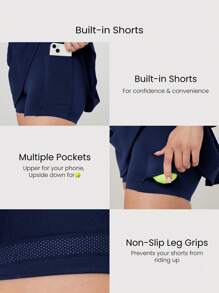 GLOWMODE Vestido FeatherFit™ con pantalones cortos incorporados, escote cuadrado, bolsillos laterales, agarre antideslizante, de secado rápido y transpirable, para tenis, golf, gimnasio y uso diario casual - Dark Blue - Ver 6