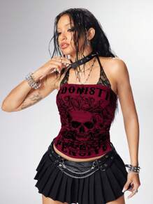 ROMWE Grunge Punk Women's Y2K Concert Punk Skeleton Print 2 In 1 Lace Patchwork Sleeveless Halter Top - Red - View 2