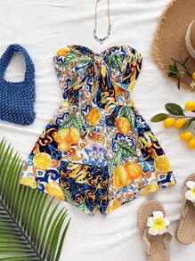 Soleia 女式度假巡航沙滩短裤，宽松版型瓷砖印花抹胸前扭纹后背镂空收腰连体裤，春夏