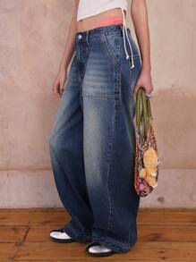 COUREZ 宽松牛仔裤，前口袋，缝线细节，蓝色水洗/女士夏季穿搭/Y2K/休闲/纯棉高街复古 - 藍色 - 查看 4