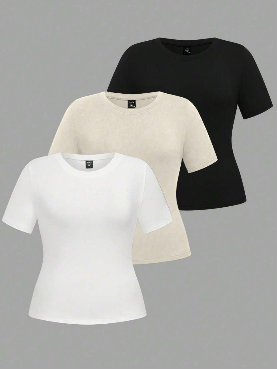 SHEIN LUNE 3pcs/Set Basic Casual Solid Color Crew Neck Short Sleeve T-Shirts, Plus Size - Multicolor - View 1