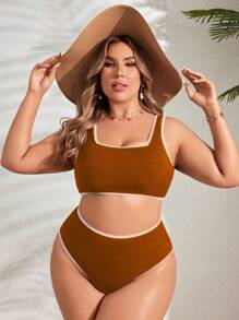 Swim SPRTY 2pcs Plus Size Women's Fashion Edged Spaghetti Strap Tankini Swimsuit For Summer Beach Vacation
