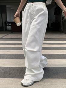 DAZY 女士休闲水洗侧条纹阔腿宽松牛仔裤秋冬 - 白色 - 查看 4