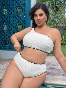 SHEIN Swim Curve Große Größen Frauen Bikini-Set mit Blumen-Besatz an einer Schulter, Lässig Urlaub