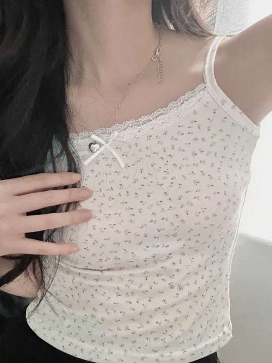 DAZY 女式碎花网眼蕾丝吊带背心 - 白色 - 查看 1