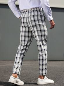 Manfinity Homme Plus Size Men's Plaid Print Drawstring Waist Pockets Casual Pants - White - View 2