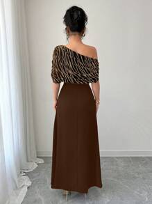 SHEIN Unity Asymmetrical Collar Striped Patchwork Bodycon Sexy Party Dress - Brown - View 2
