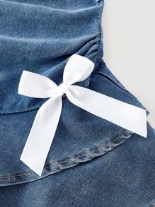 Váy denim ống bo gấu trang trí nơ đơn giản mùa hè cho nữ - Màu xanh lam - Xem 4