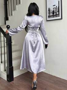 DAZY Women's Cinched Waist Mid-Calf Dress,Fall Clothes Long Sleeve Dress - Blue - View 6