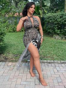 Swim Vcay Plus Size Women Random Print Minimalist Casual Summer Halter Backless Jumpsuit With Sarong Skirt Cover Up - Black and White - View 5