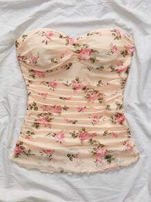 SHEIN VCAY Women's Boho Strapless Knitted Top: Floral Print, Ruched Detail, And Regular Length Sleeveless Summer Top,For Summer Vacation, Women Summer Clothing,European Summer - Multicolor - View 10