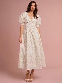 Enchnt 女士优雅碎花泡泡袖连衣裙，夏季 - 橘色 - 查看 5